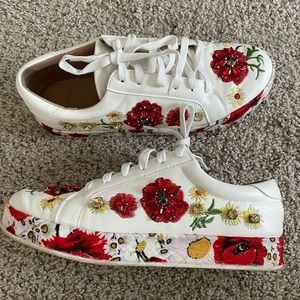 Italian Embroidered Jeweled Floral White leather Sneakers
